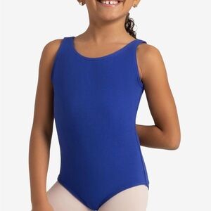 NWT Capezio Girls Royal Blue Tank Leotard With High Neck and Ballet Legline